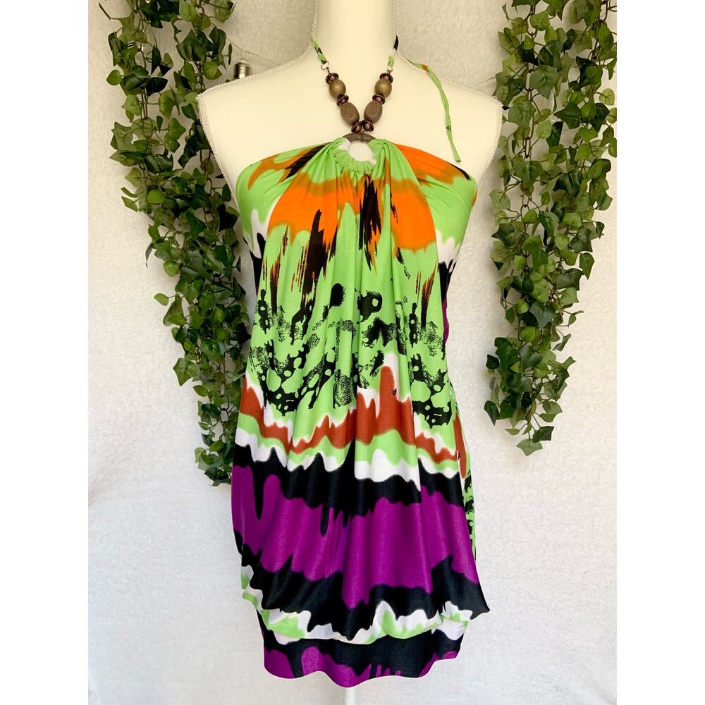 Chesley Vintage Y2K Beaded Halter Mini Dress Green Purple Orange women's Medium